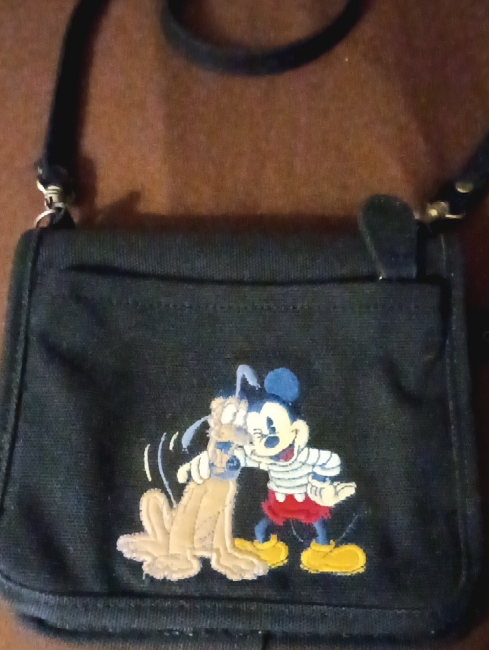 Unisex Disney Black Crossbody Bag with Embroidered Mickey & Pluto
